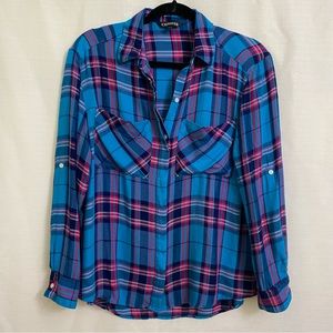 Express- Cotton button down plaid shirt-Teal/Pink/Blue-Small